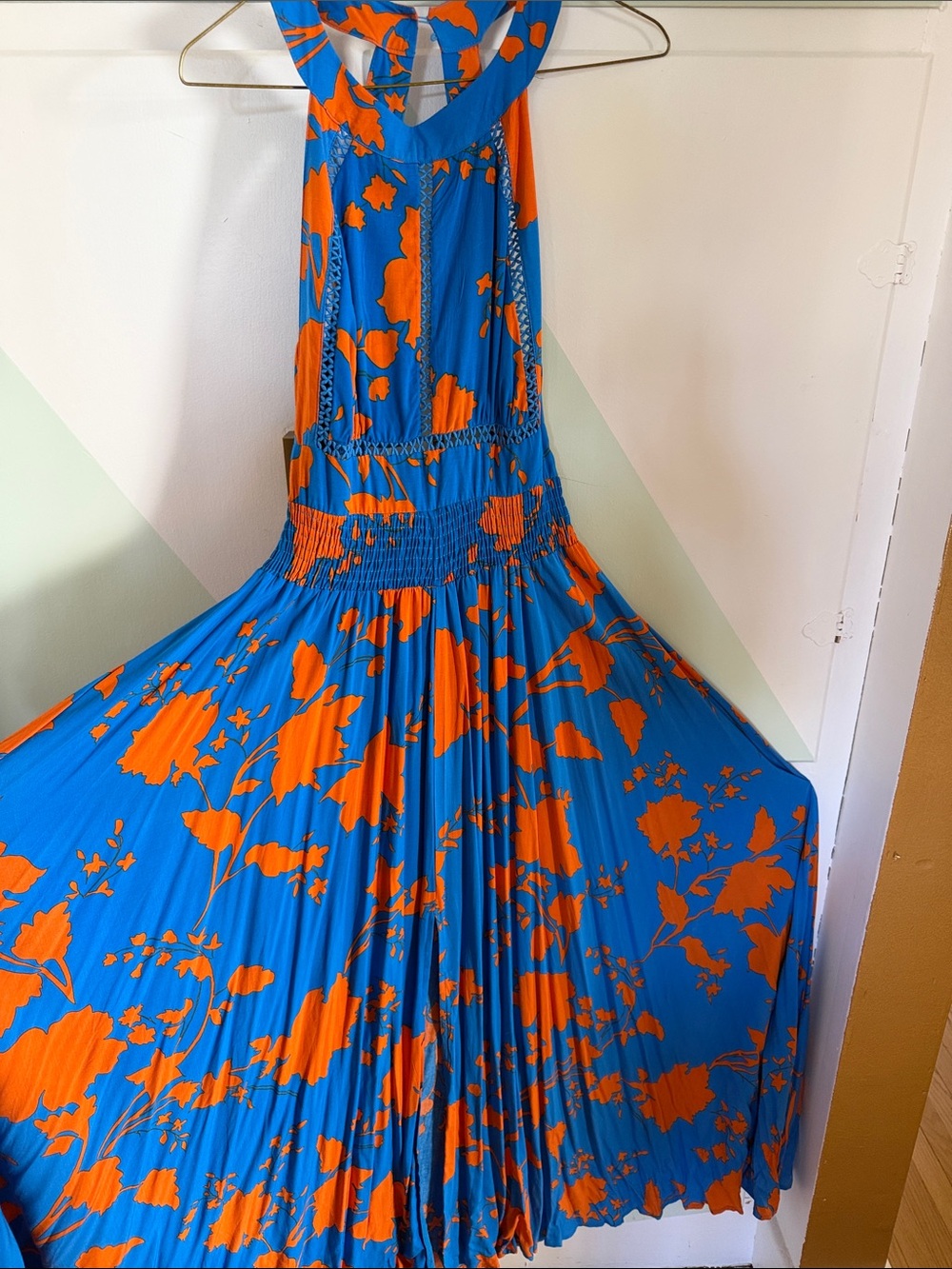 Blue and Orange Halter Maxi Dress with Smocked Waist